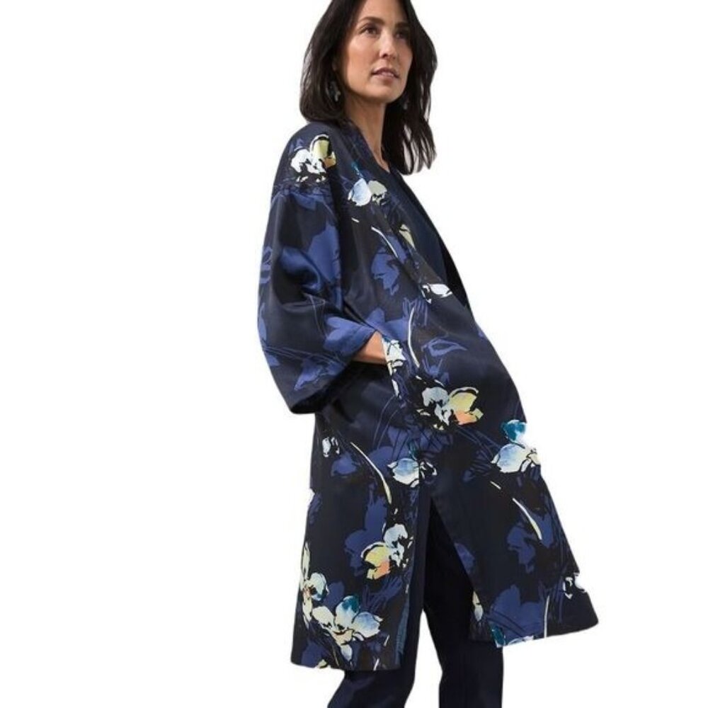 Chicos Floral Open-Front Kimono Cardigan Jacket Navy‎ Multicolor S/M Polyester